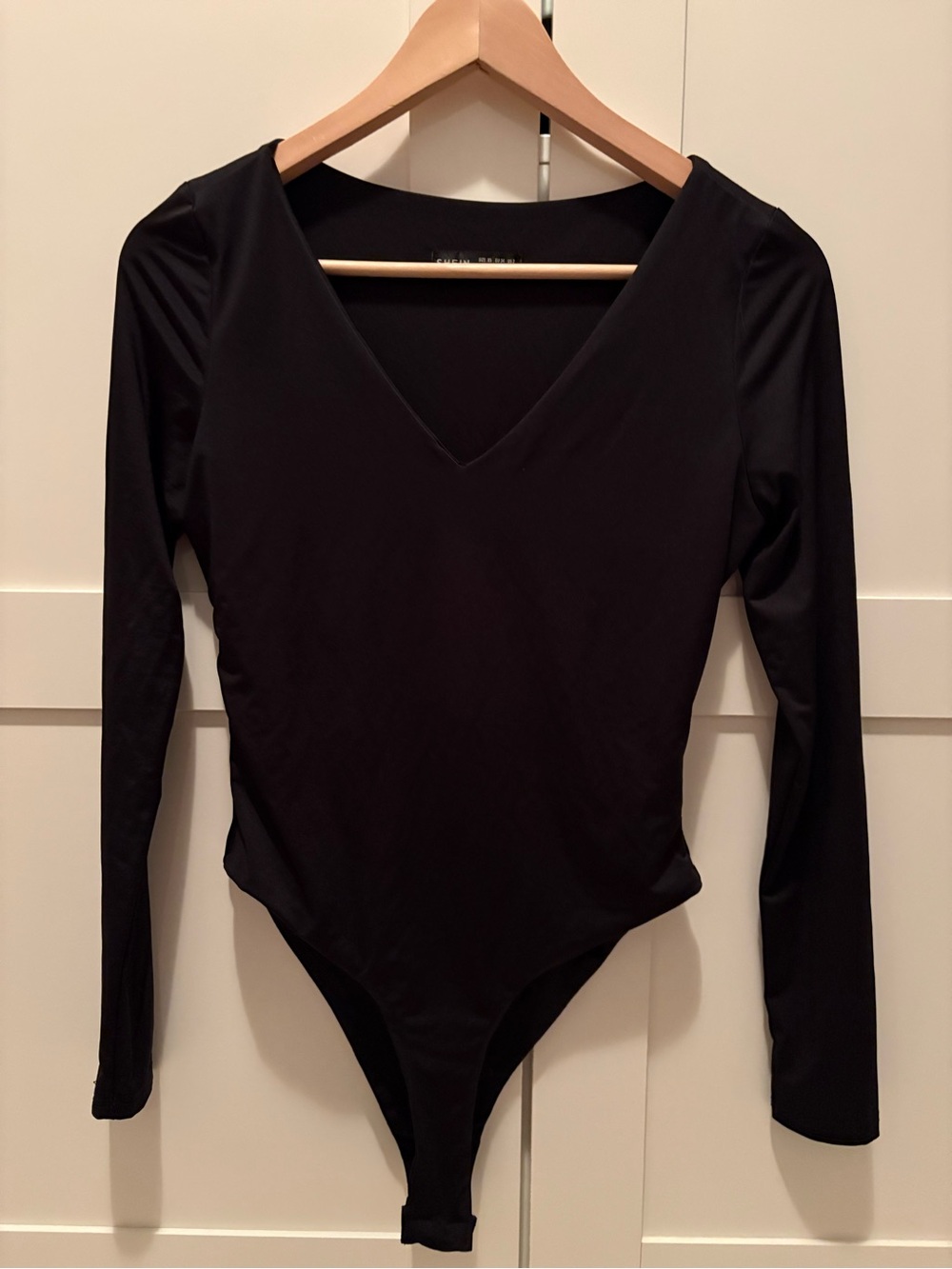 SHEIN Black Long-Sleeve V-Neck One-Piece Swim Bodysuit